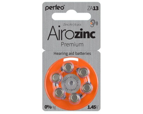 Батарейка для слуховых аппаратов Perfeo ZA13/6BL Airozinc Premiu